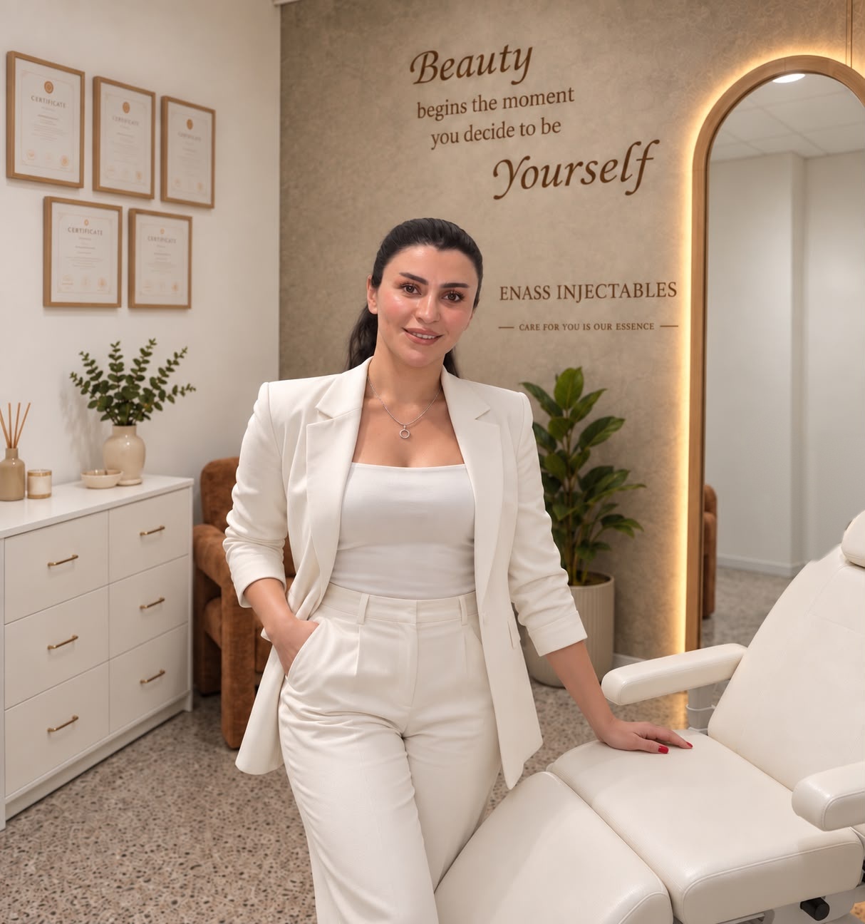 Enass, practitioner at Enass Injectables, in the treatment room